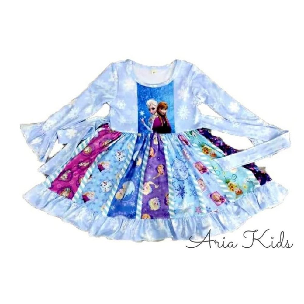 Girls Frozen Elsa Anna Twirl Long Sleeve Birthday Dress